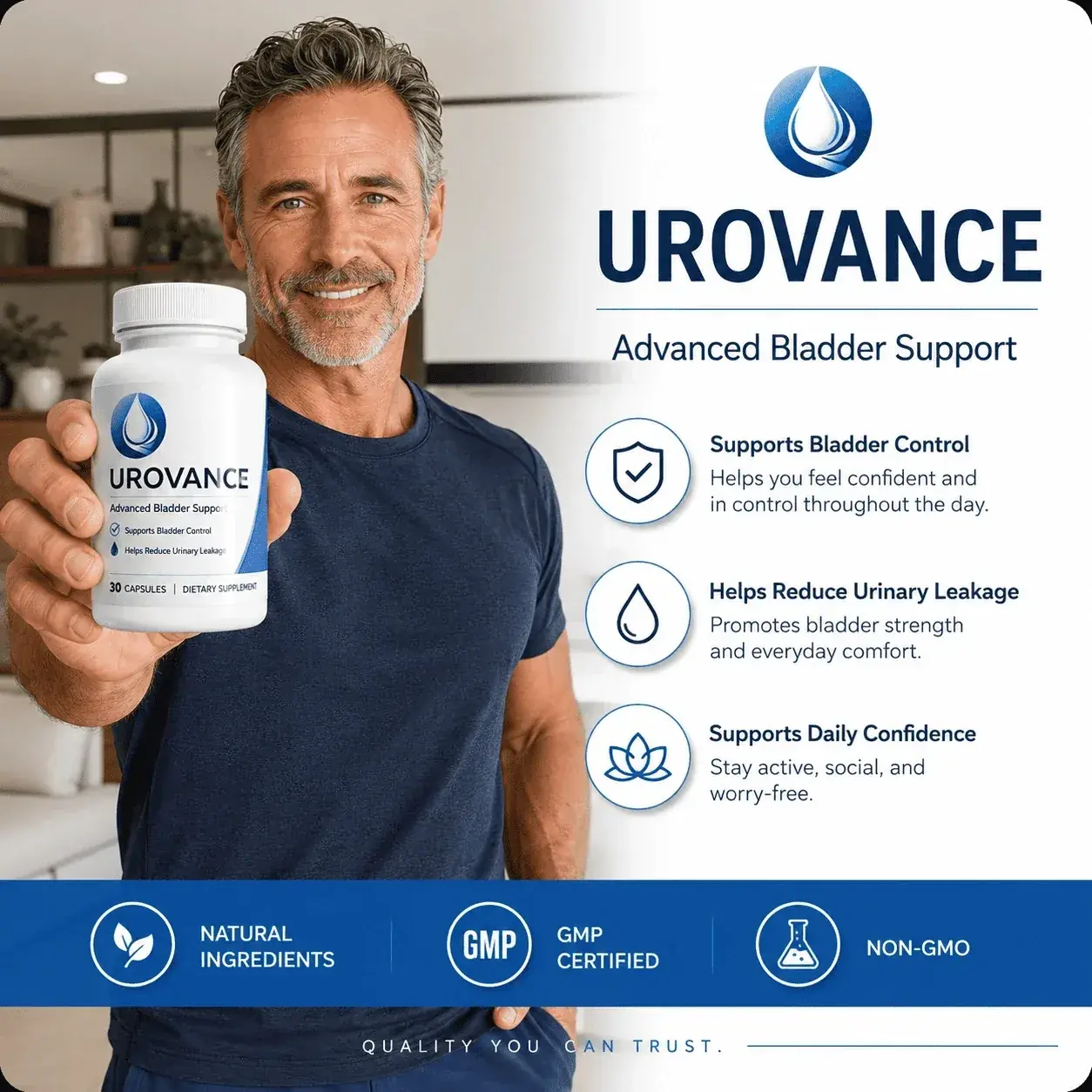 A man holding a bottle of Urovance advanced bladder support capsules at home