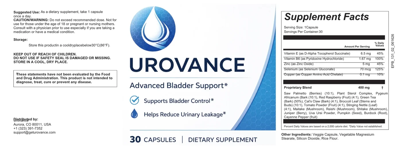 Urovance Supplement Facts panel showing vitamin E, vitamin B6, zinc, selenium, copper and the 400 mg proprietary blend