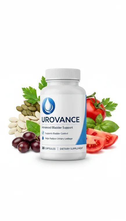 Urovance prostate and bladder support capsule bottle beside pumpkin seeds, saw palmetto berries and tomato